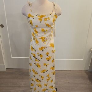 Kirious LA Lemon Print Midi Dress with smocked back fully lined size L NWTS